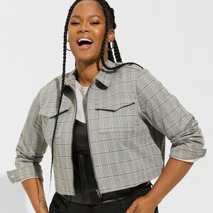 TORRID Grey Plaid Super Soft Denim Zip Front Jacket